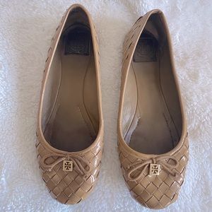 Tan leather Tory Burch Ballet Slippers with bow